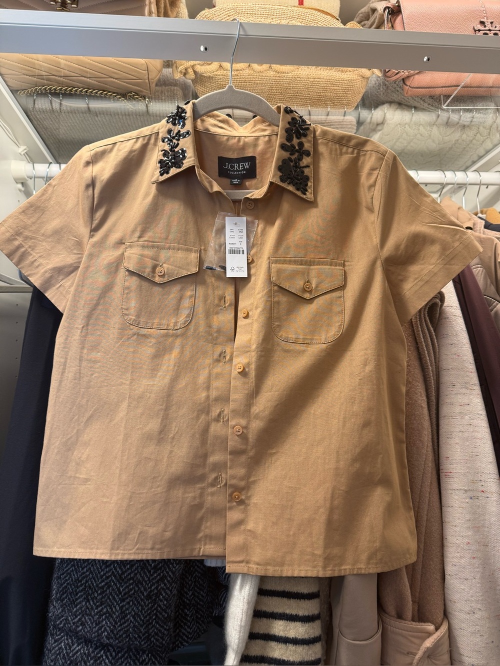 J. Crew Tan Short-Sleeve Button-Down with Embellished Black Beaded Collar